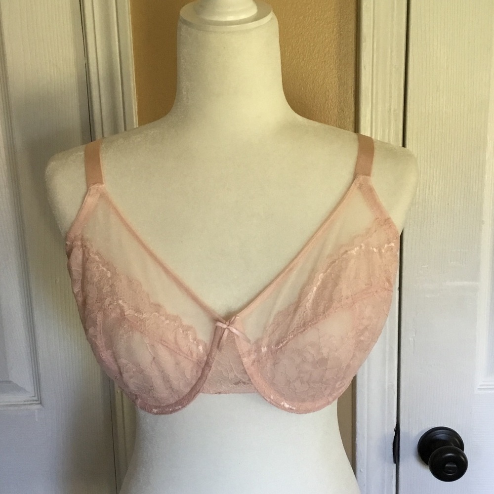 Hilaine Underwire Bra 38F or 38DDD Delicate Sheer‎ Lace Bra in Light Pink